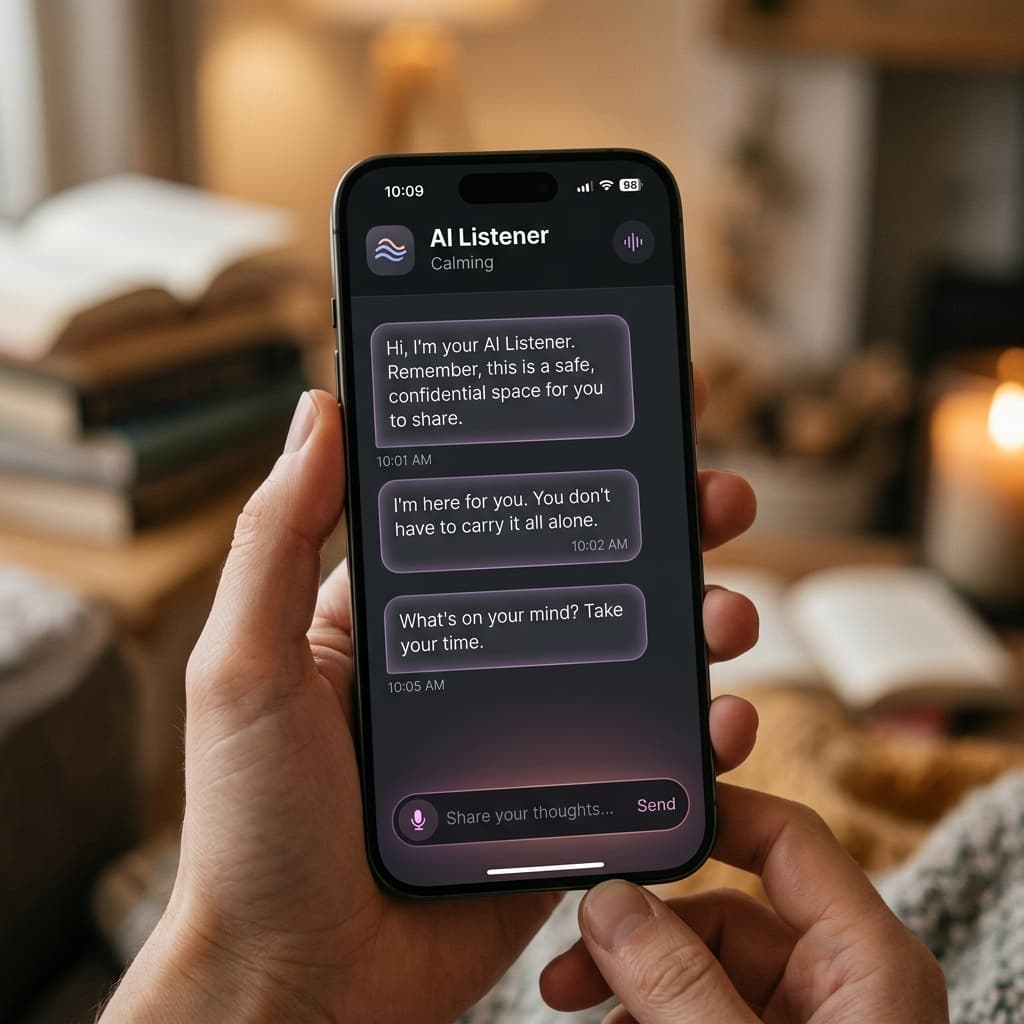 AI Listener chat interface showing a calming conversation