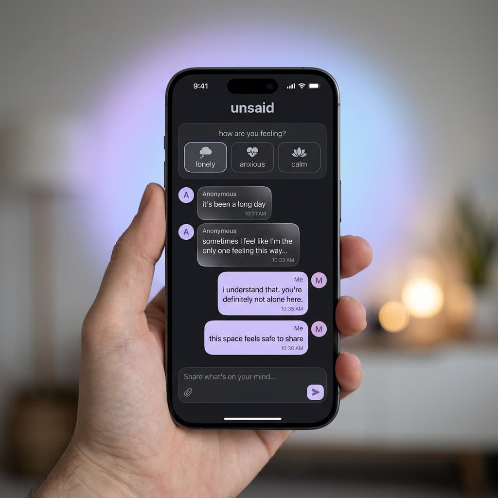 unsaid app interface showing anonymous chat with mood selection